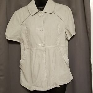 Gap Womens Blazer Jacket Cropped Shortsleeve Navy White Pinstripe Sz L